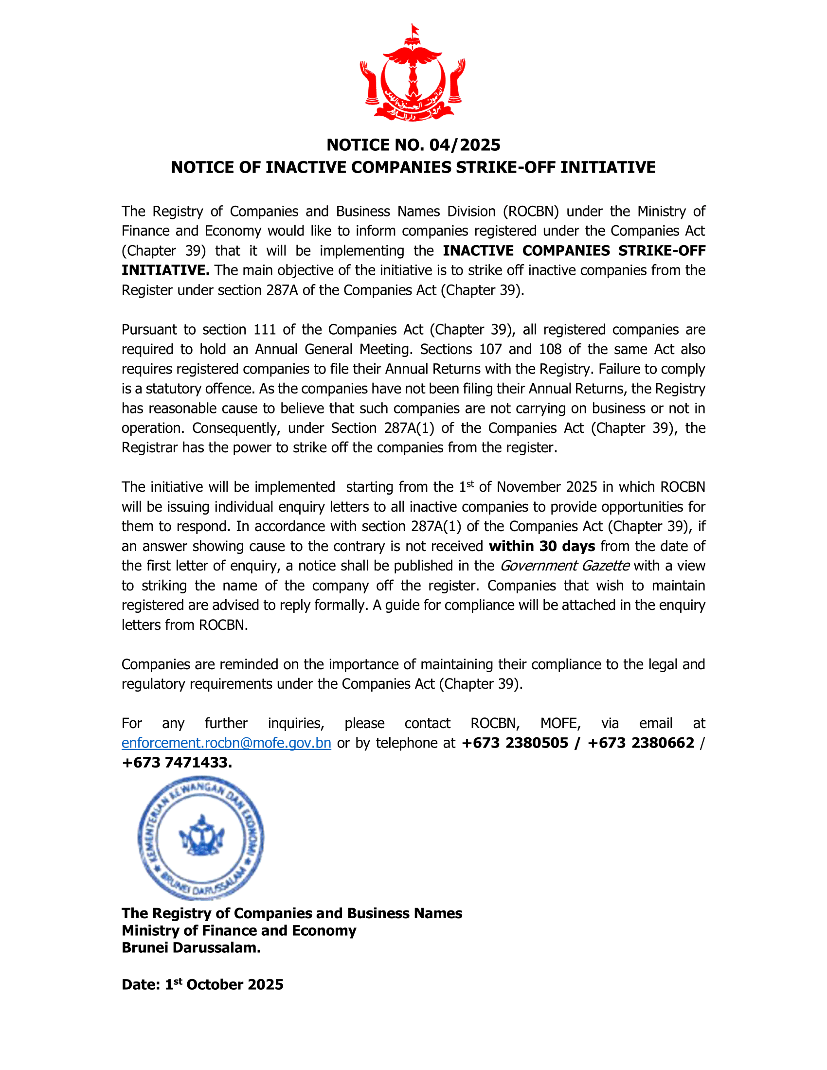Notice Of Inactive Companies Strike-Off Initiative