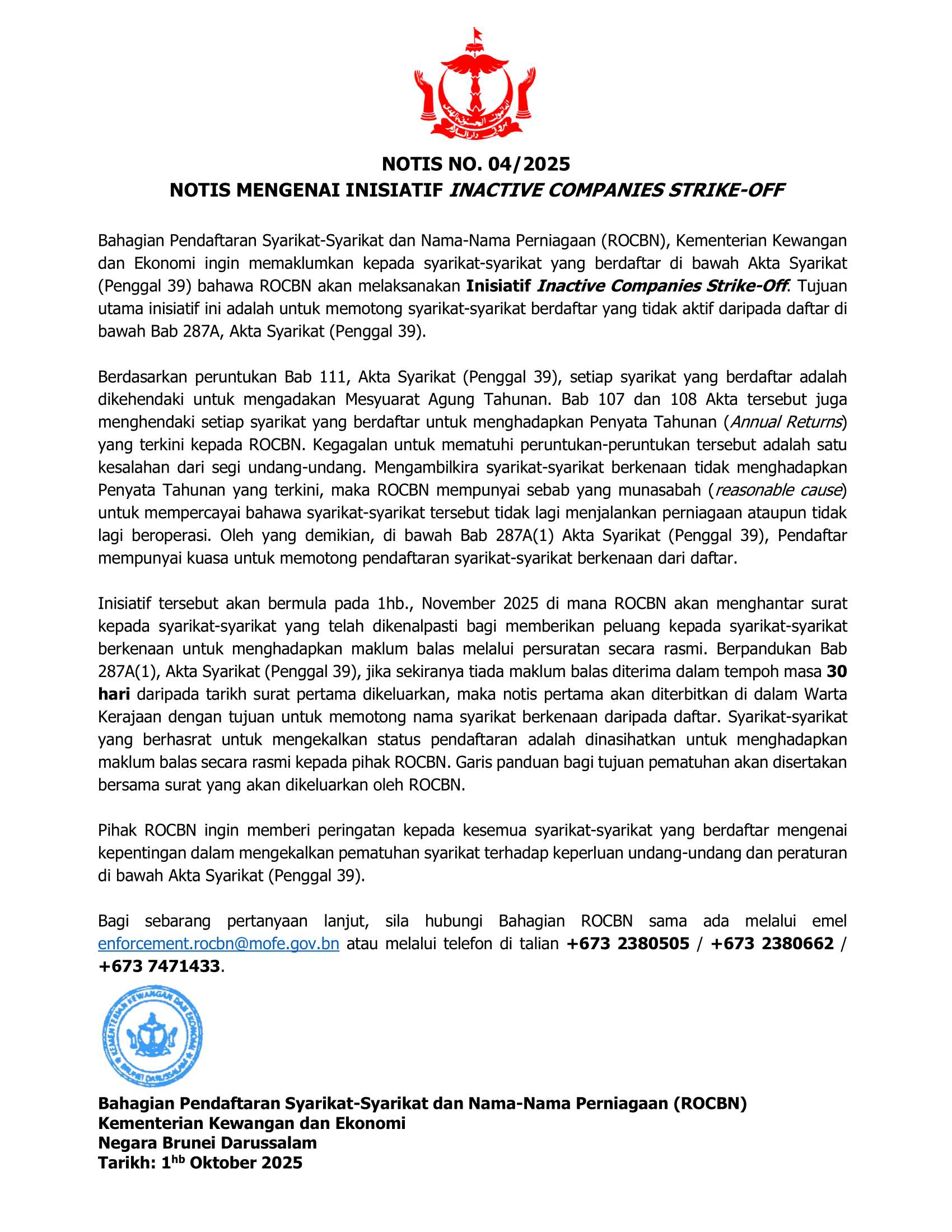 Notice Of Inactive Companies Strike-Off Initiative (Malay)